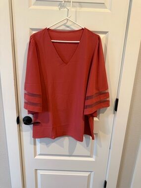V-Neck Women's Top with Sheer Stripe Bell Sleeves — Coral
